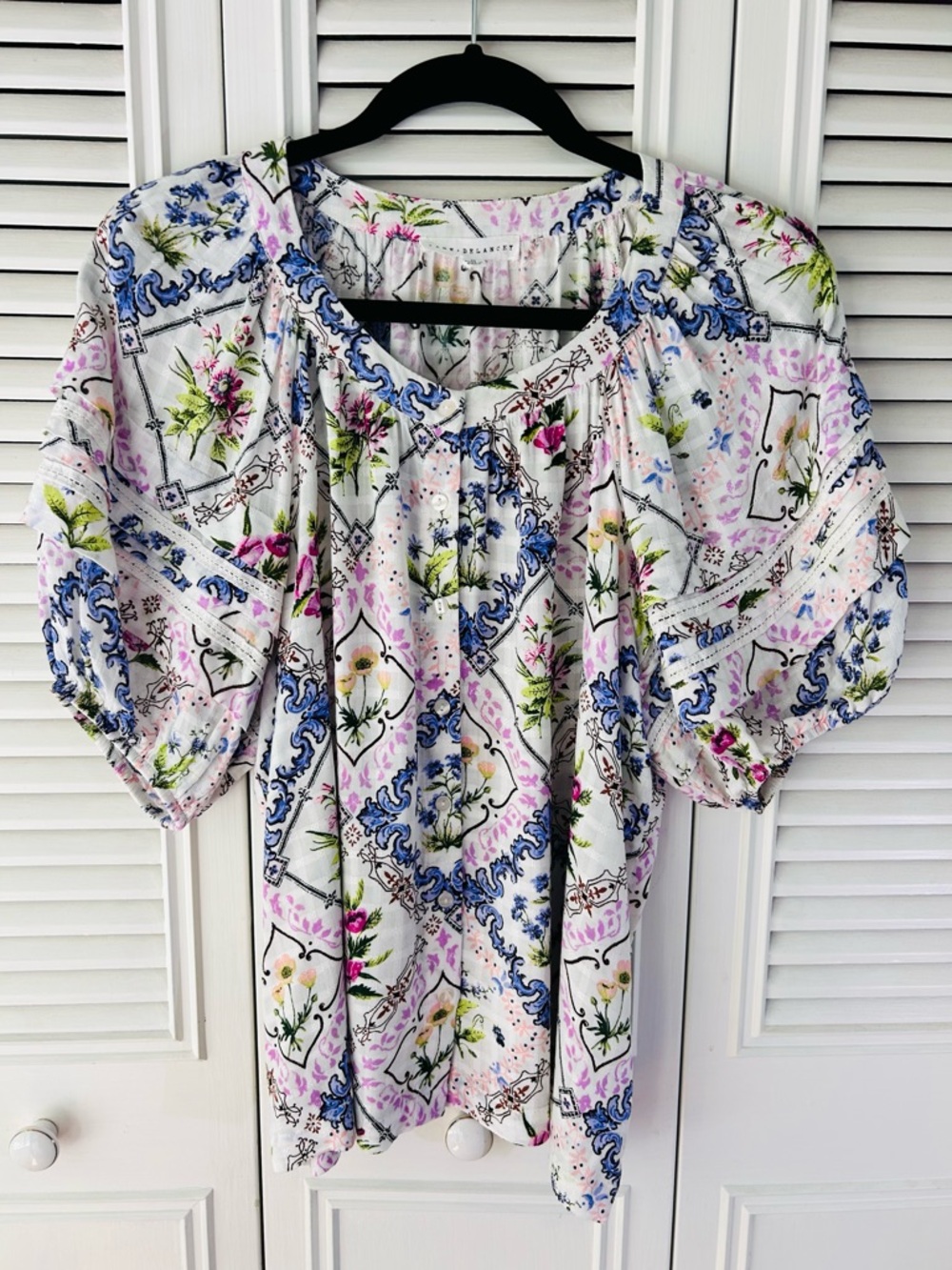 Jane and Delancey White Floral Peasant Tunic with Blue and Pink Accents